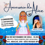 Biblioteca de São Roque vai realizar evento de aniversário da Alice, dia 26 de novembro, confira